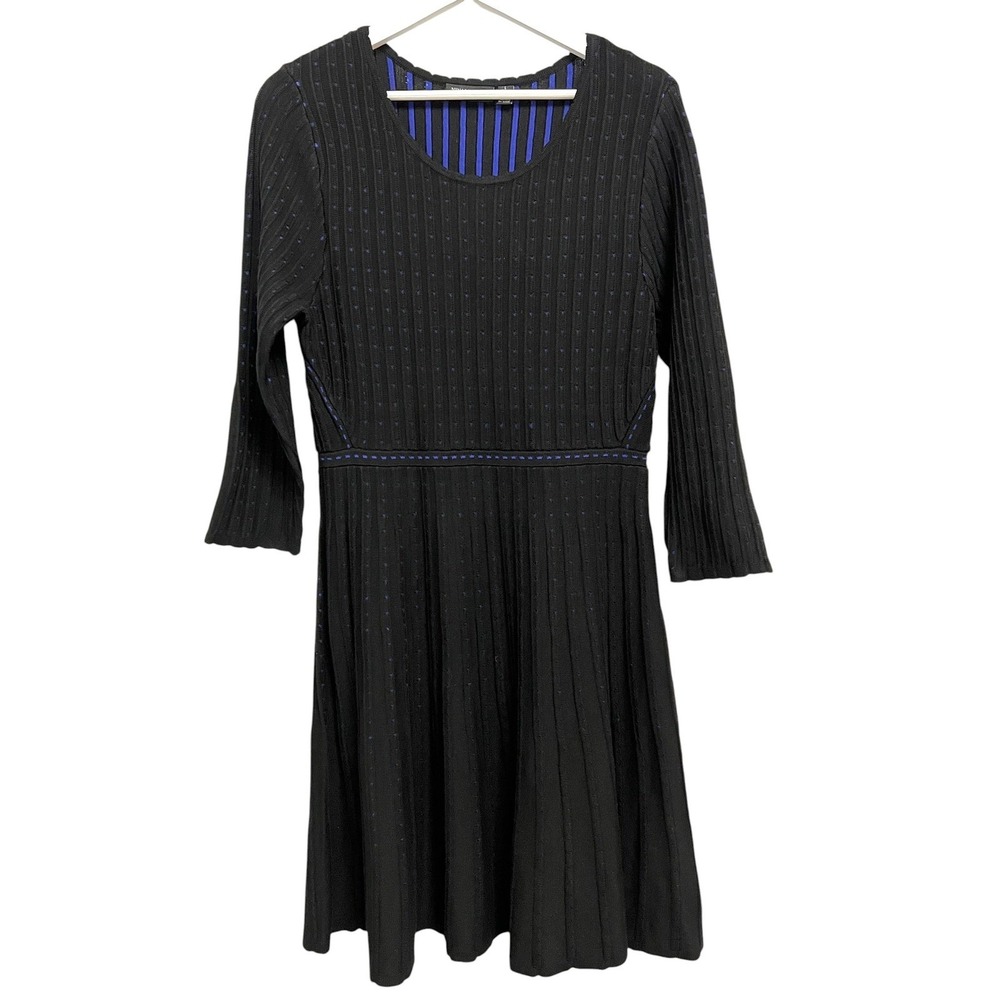 Nina Leonard‎ Sweater Dress Womens L Black Blue Ribbed Knit Fit Flare Midi Goth
